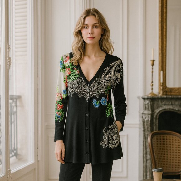 Etro Printed Long Sleeve Button Up Cardigan Tunic Silk Floral 44/M - Picture 9 of 9